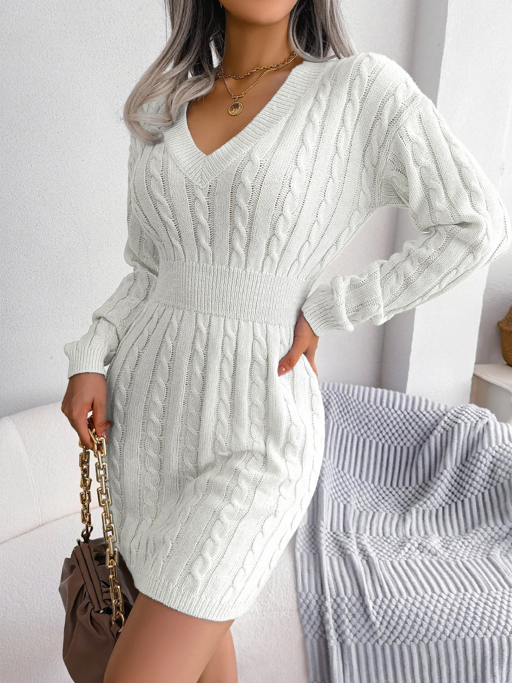 Fitted Knit Sweater Dress - Vossary