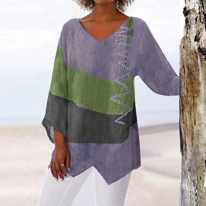 Trendy Ladies V Neck Long Sleeve Patchwork Tee