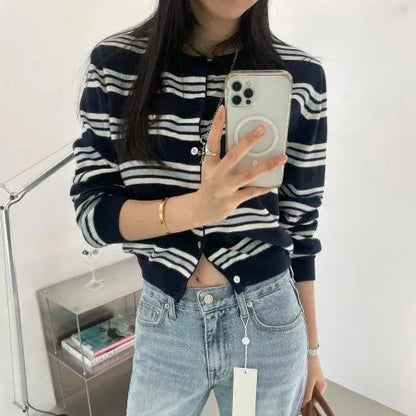 Colorful Stripe Knit Sweater Cardigan - Vossary
