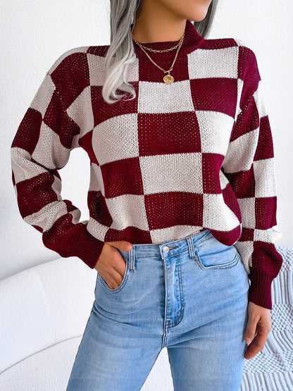 Purple Plaid Crew Neck Warm Sweater