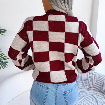 Purple Plaid Crew Neck Warm Sweater