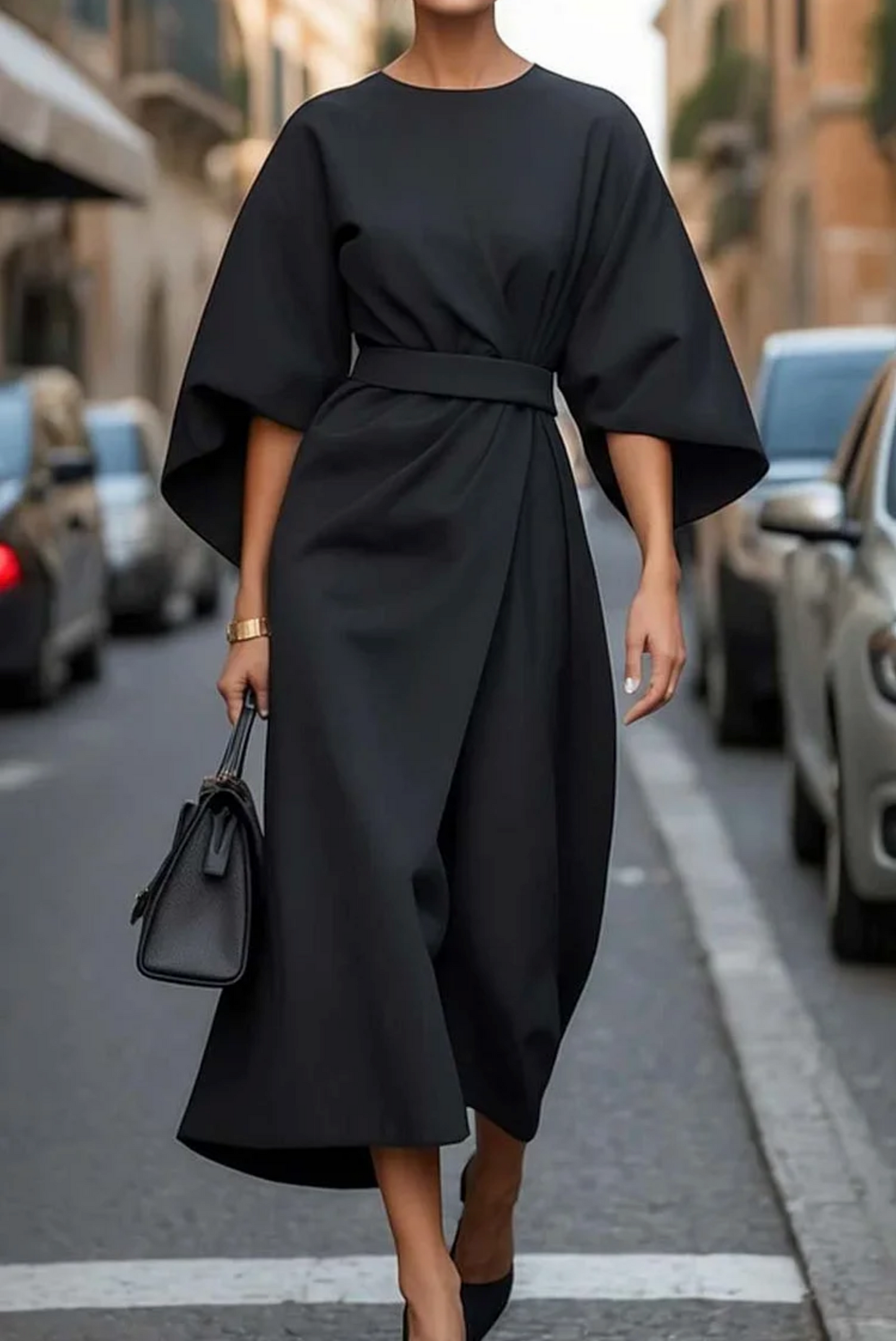 Flowy A-Line Dress with Adjustable Waist Belt - Vossary