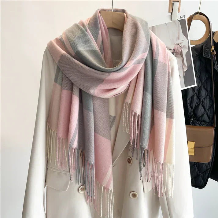 Large Plaid Scarf - Cozy Wool, Fringed Accessory