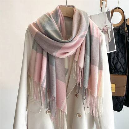 Large Plaid Scarf - Cozy Wool, Fringed Accessory