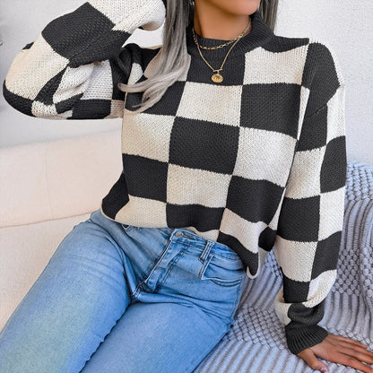 Purple Plaid Crew Neck Warm Sweater