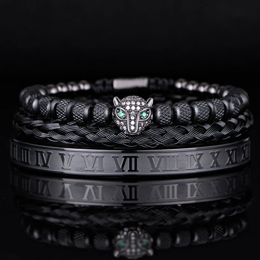 Elegant Panther Charm Braided Bangle Set