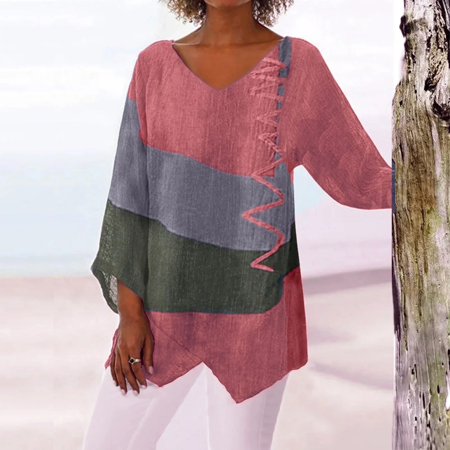 Trendy Ladies V Neck Long Sleeve Patchwork Tee