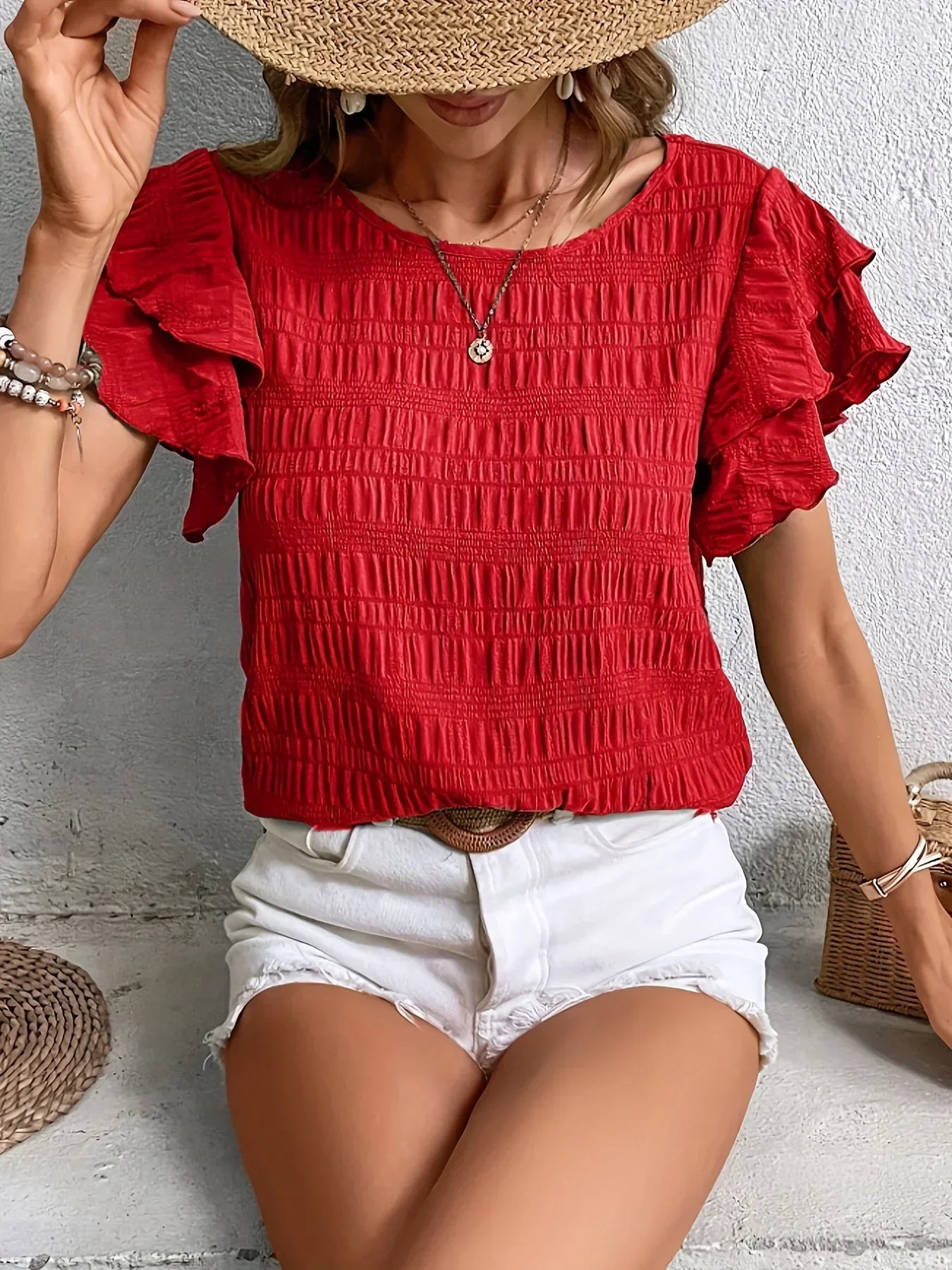 Feminine Ruffled Short Sleeve Blouse - Vossary