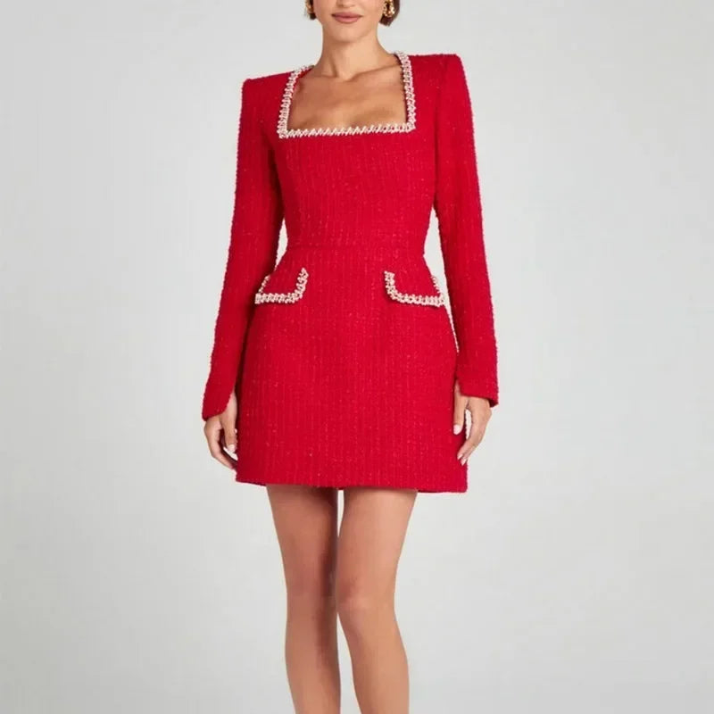 Elegant Mini Party Dress with Long Sleeves and Square Neck