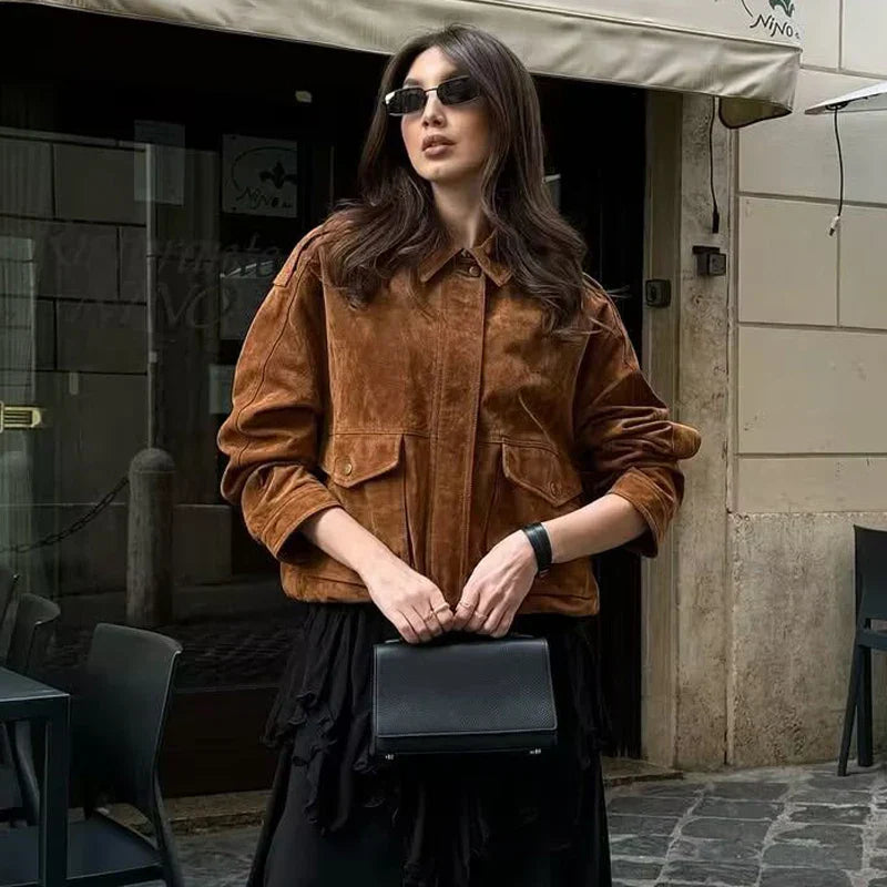 Fashionable Ladies Snap Button Bomber Jacket - EasyApparels