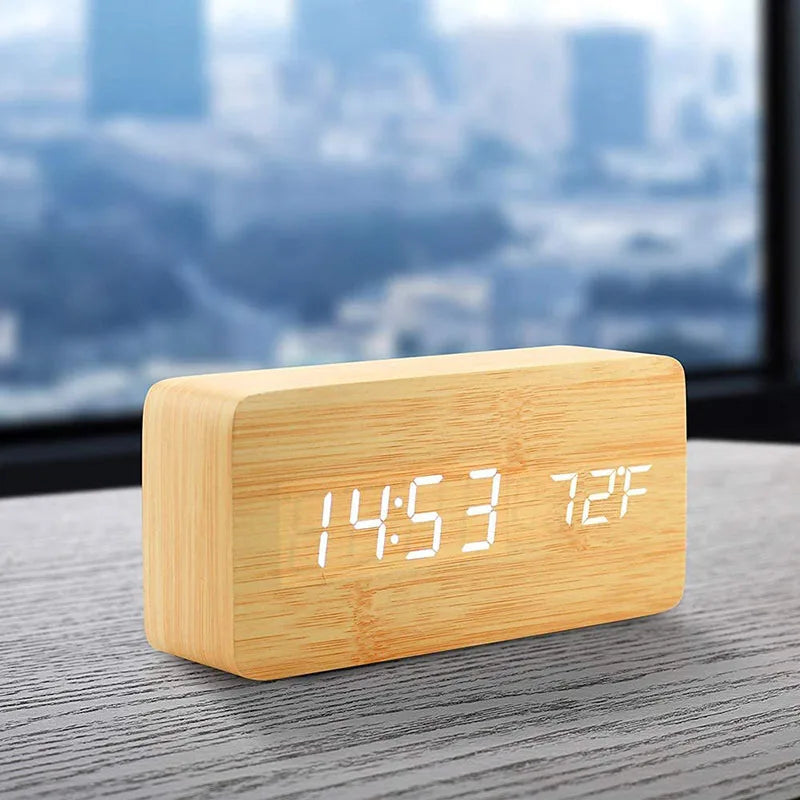 Compact LED Wooden Desk Clock with Temp Display - Luxicro