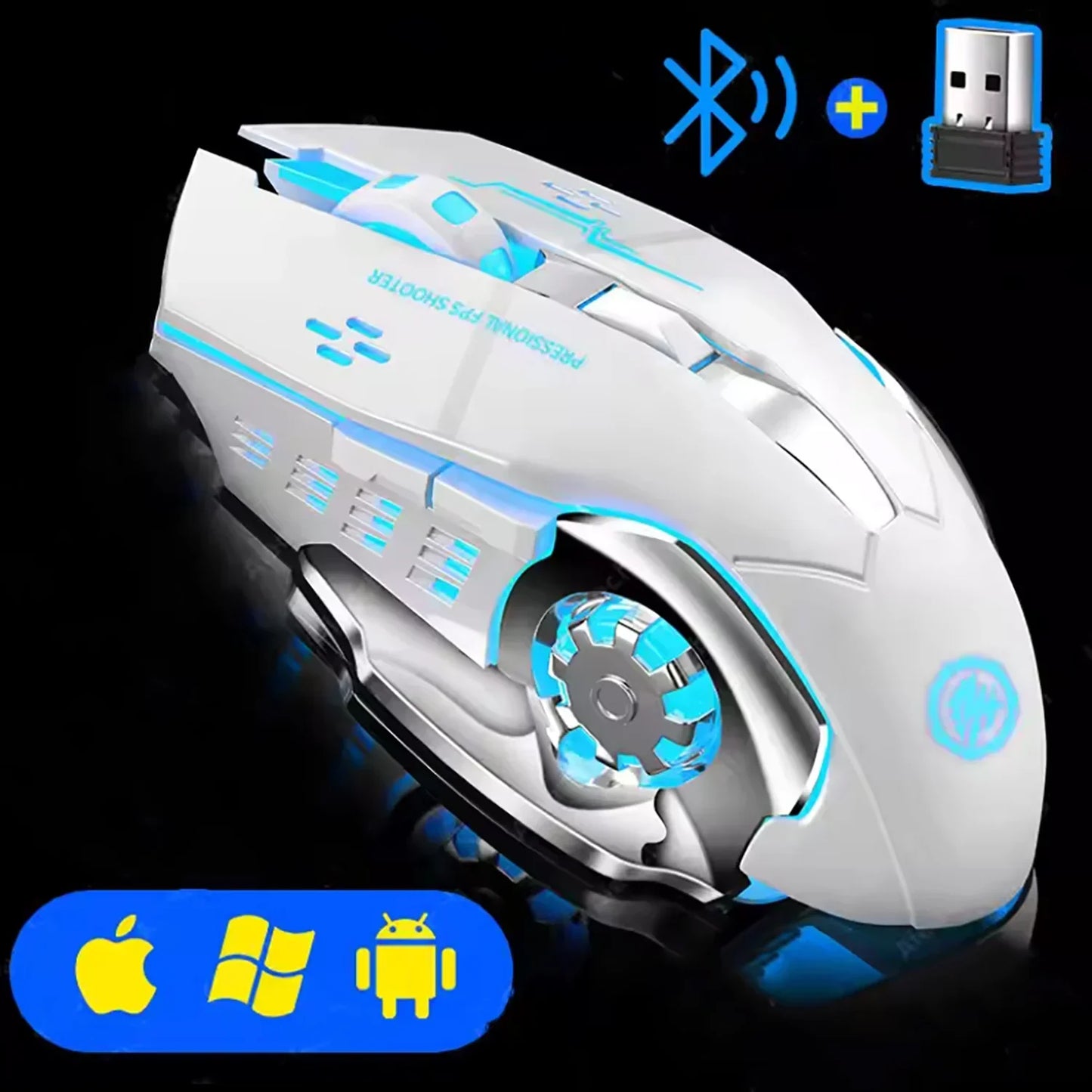 Quiet Cordless Gaming Mouse with Bluetooth and LED Light