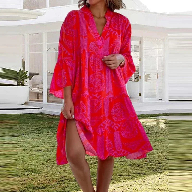 Elegant V Neck Floral Summer Dress for Women - Luxicro