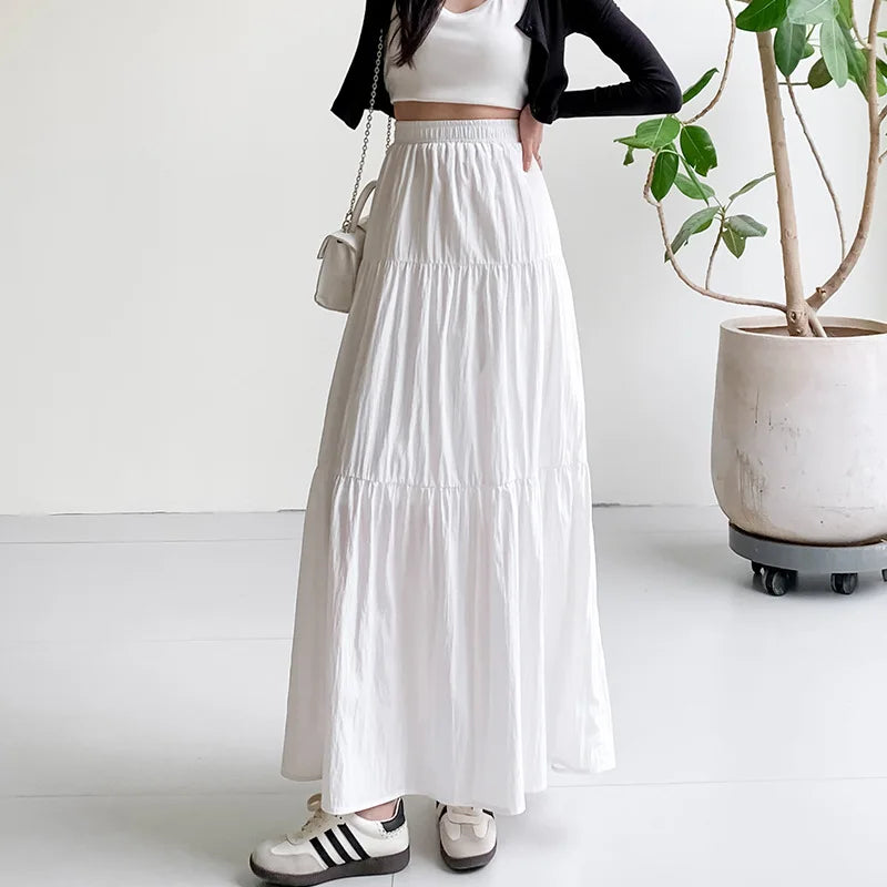 Flowy Long Skirt with Elastic Waist and Layered Look - EasyApparels