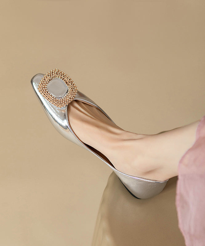 Flat Silver Shoes with Rhinestone Buckle - EasyApparels