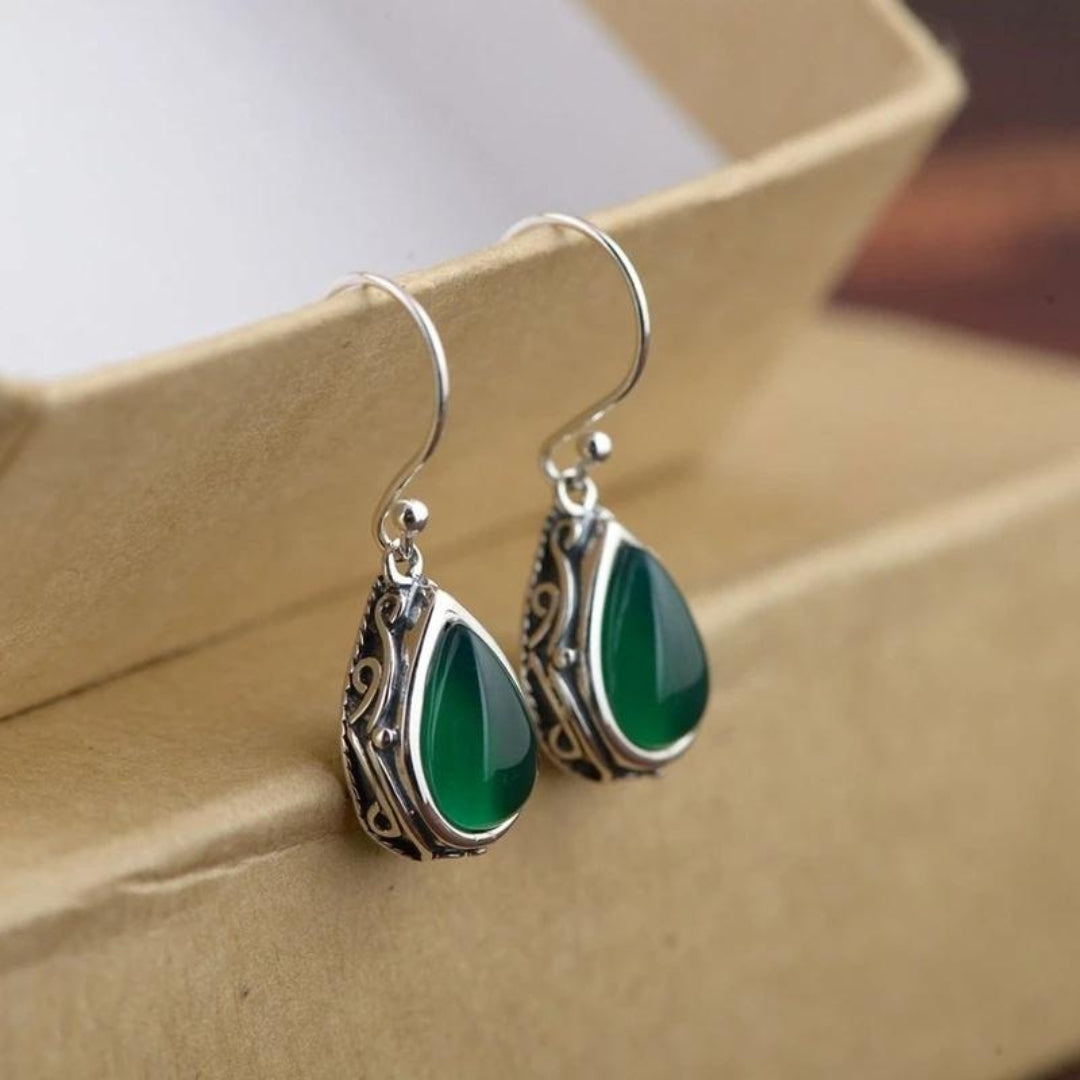 Trendy Green Gemstone Drop Earrings - Luxicro