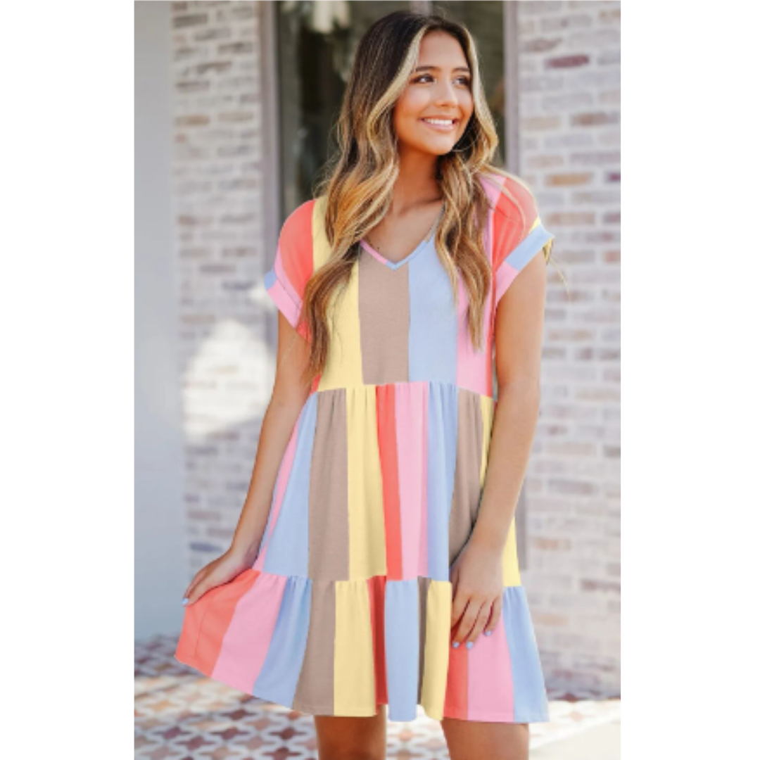 Casual V-Neck Short Sleeve A-Line Dress - EasyApparels