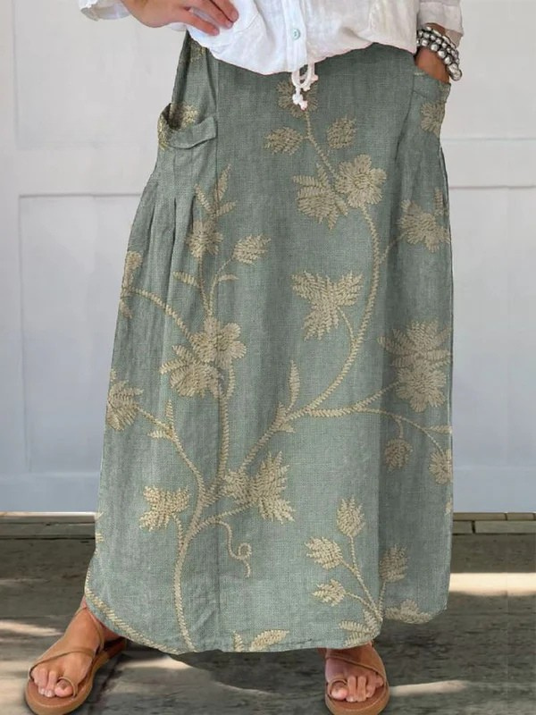 Vintage Floral Print Elastic Waist Skirt with Pockets - Vossary