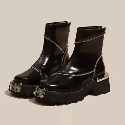 Low Heel Zip Up Ankle Boots - EasyApparels