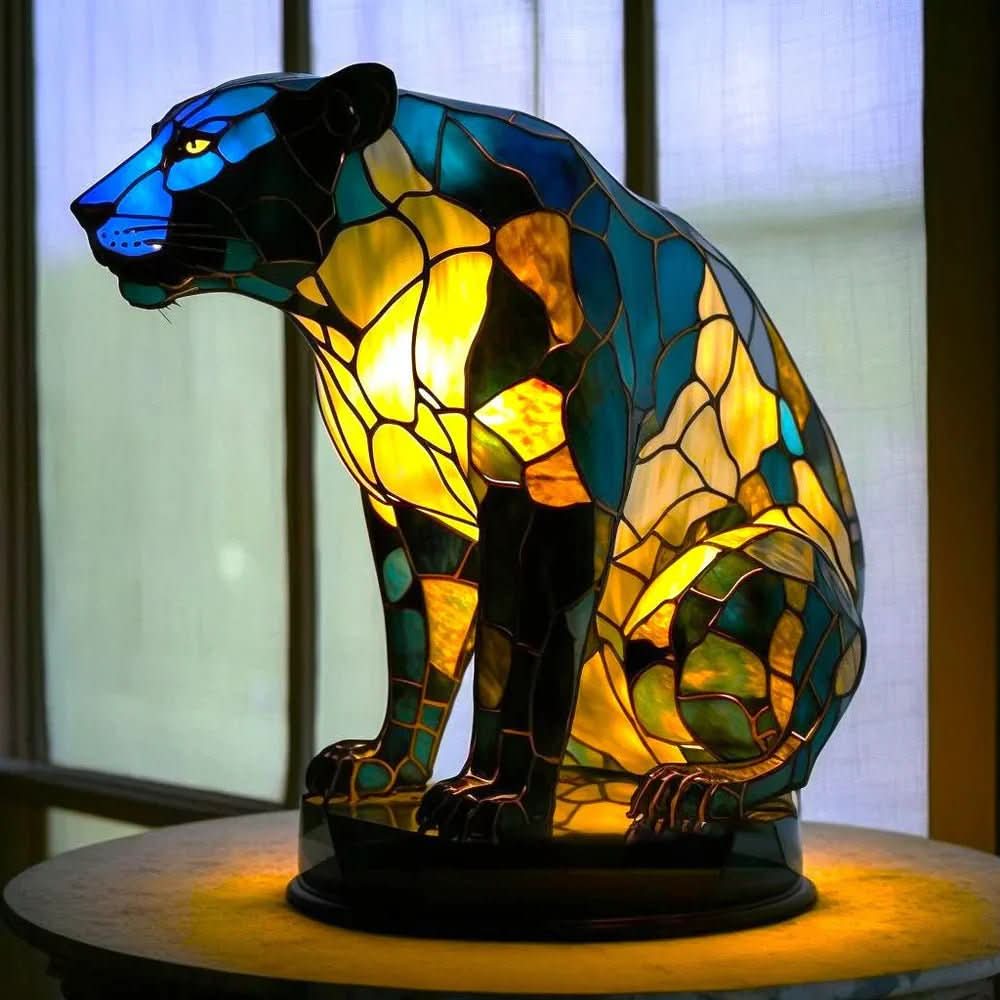 Art Nouveau Stained Glass Wolf Table Lamp
