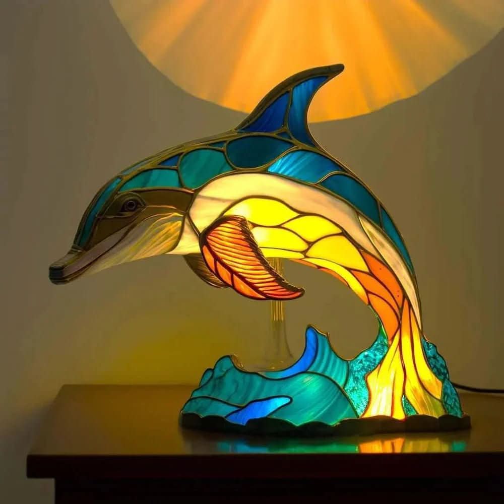 Art Nouveau Stained Glass Wolf Table Lamp