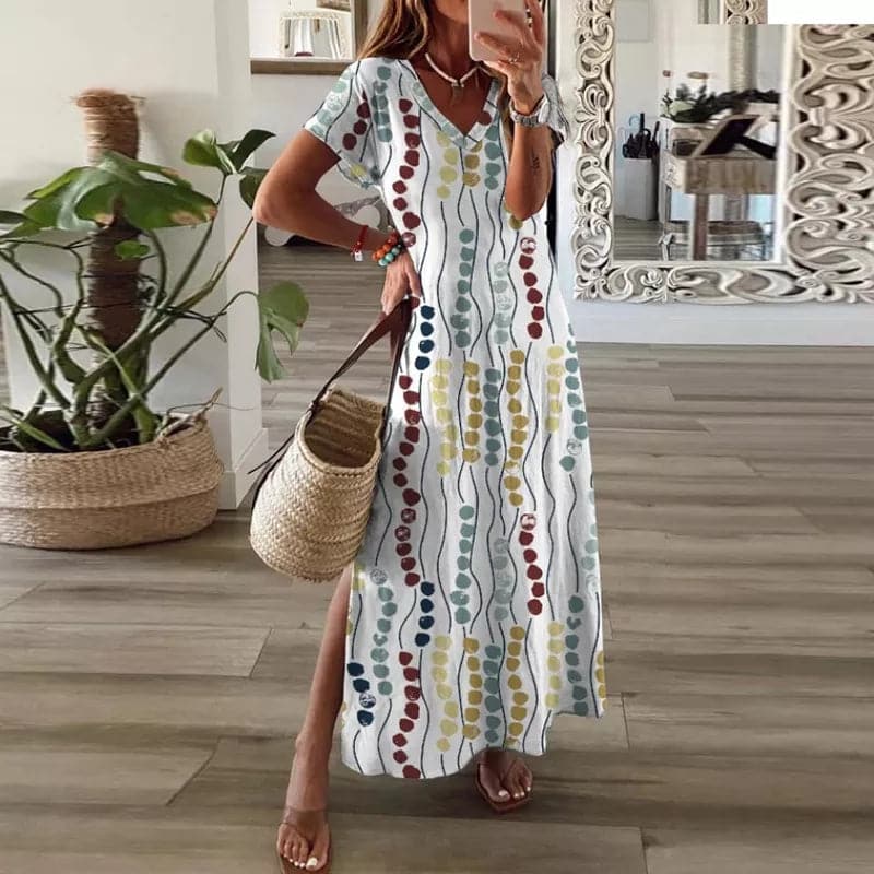 Vibrant Maxi Dress with V Neckline - EasyApparels