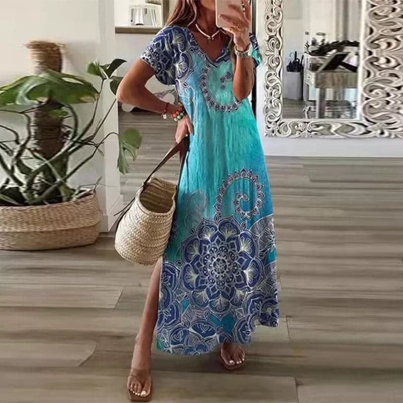 Vibrant Maxi Dress with V Neckline