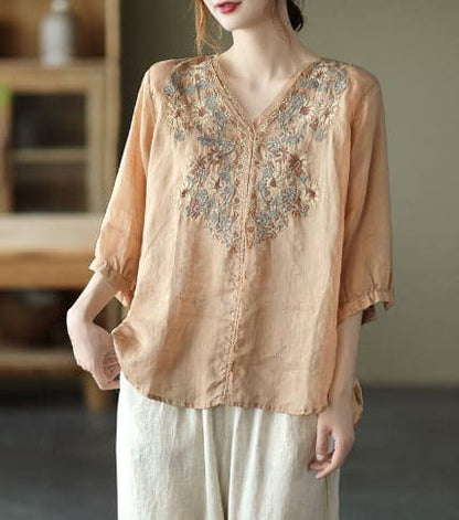Comfortable V-Neck Women's Blouse with Embroidery