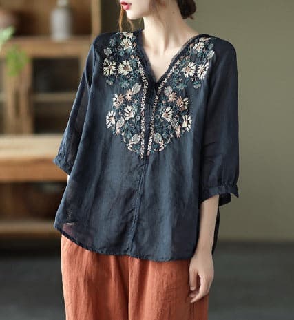 Comfortable V-Neck Women's Blouse with Embroidery