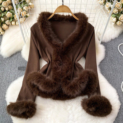 Soft V-Neck Fur Trim Crop Top