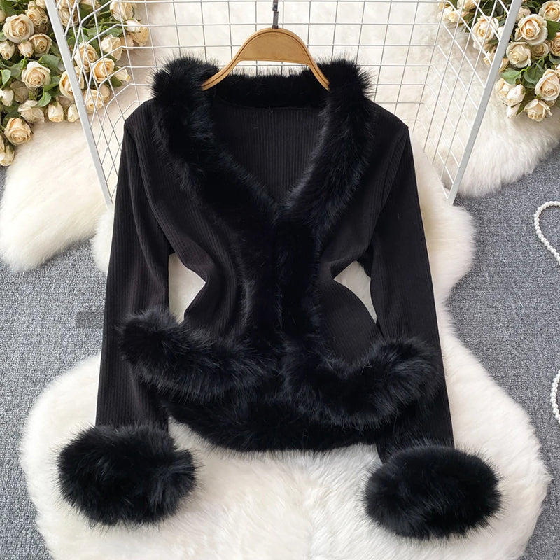 Soft V-Neck Fur Trim Crop Top - EasyApparels