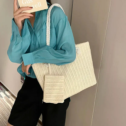 Natural Woven Straw Tote Bag with Rope Handles