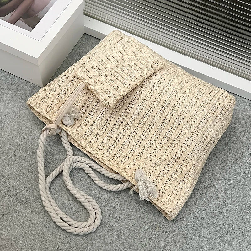 Natural Woven Straw Tote Bag with Rope Handles
