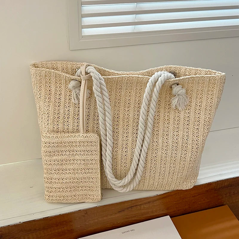Natural Woven Straw Tote Bag with Rope Handles