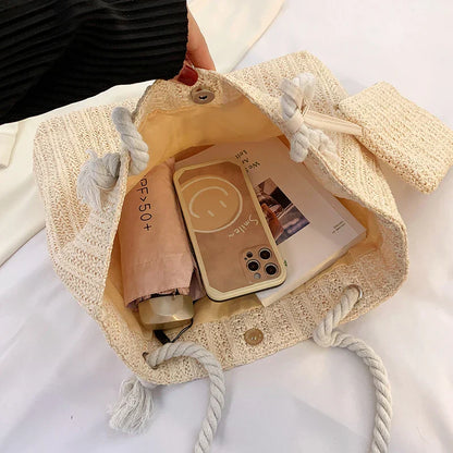 Natural Woven Straw Tote Bag with Rope Handles