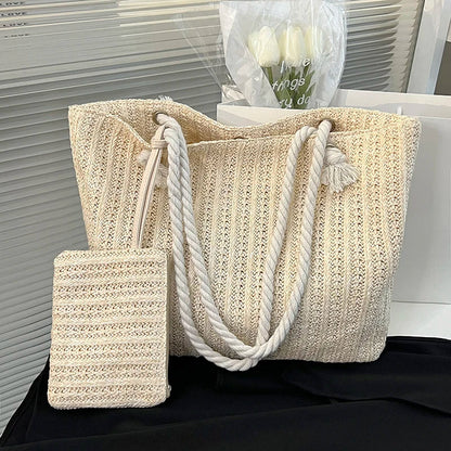 Natural Woven Straw Tote Bag with Rope Handles - Vossary