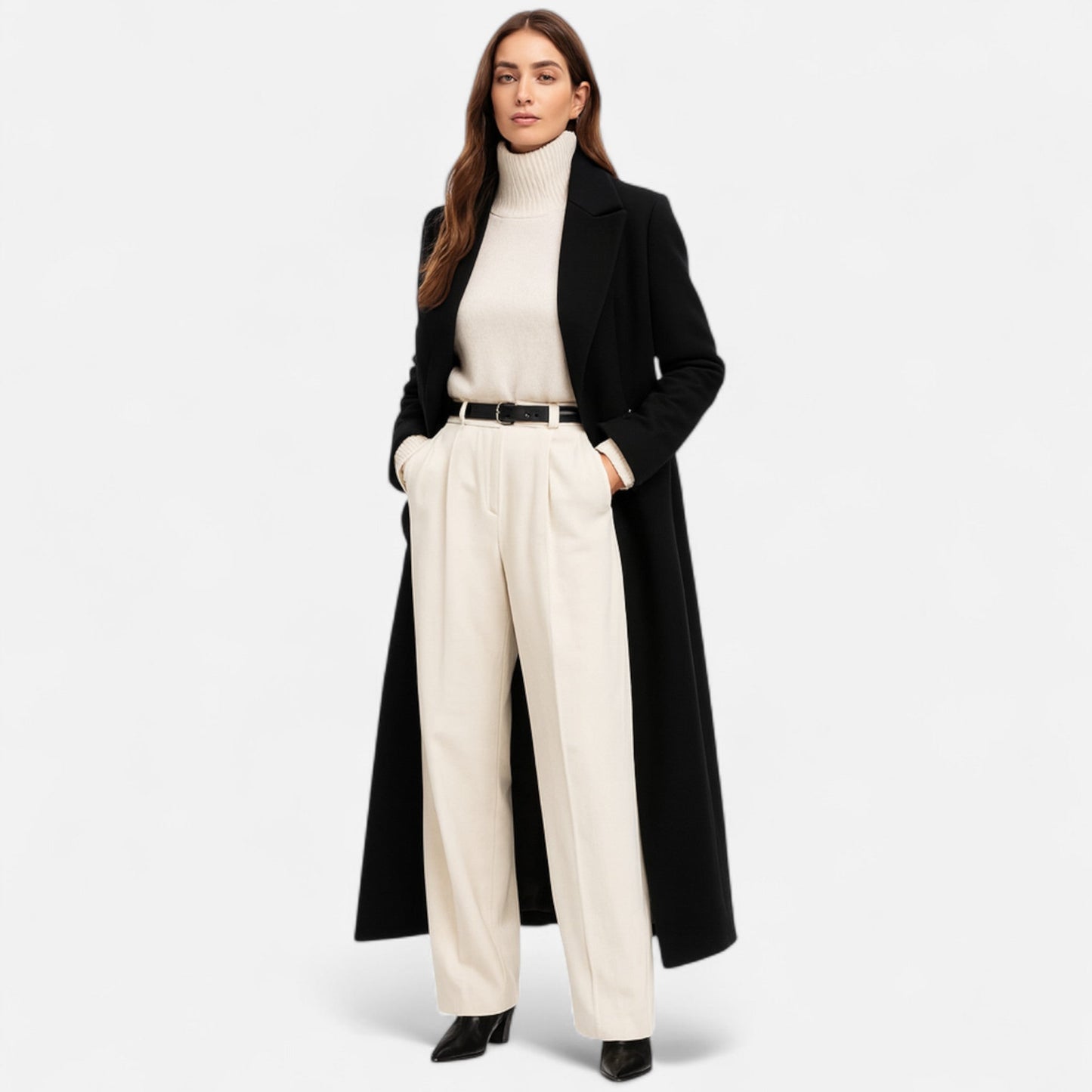 Classic Women's Long Black Coat - Vossary