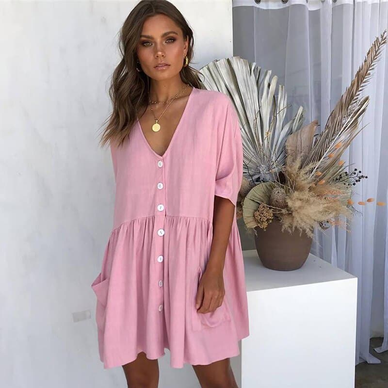 Comfortable V-Neck Women's Dress with Pockets