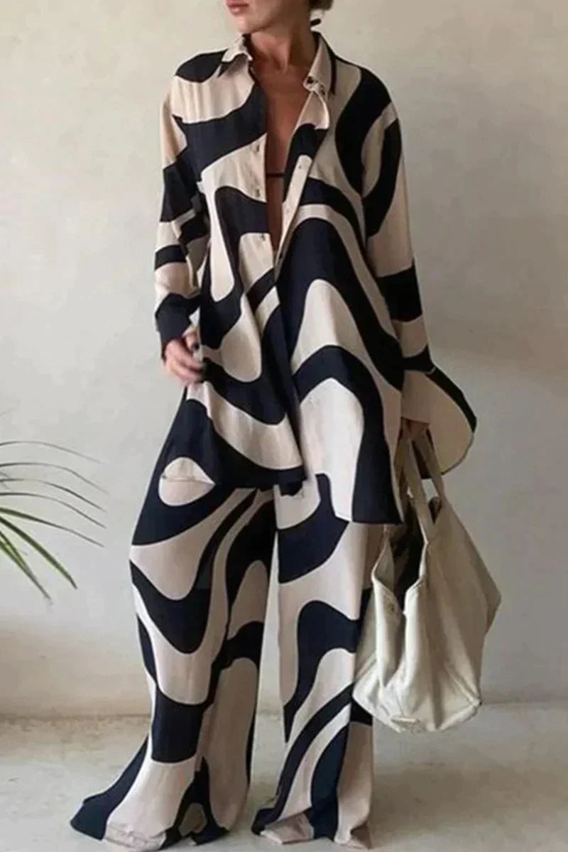 Relaxed Fit Shirt and Pants Set - Airy Abstract Print - EasyApparels