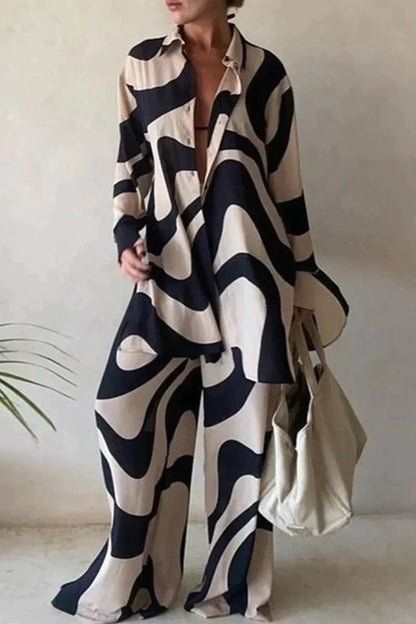 Relaxed Fit Shirt and Pants Set - Airy Abstract Print - EasyApparels