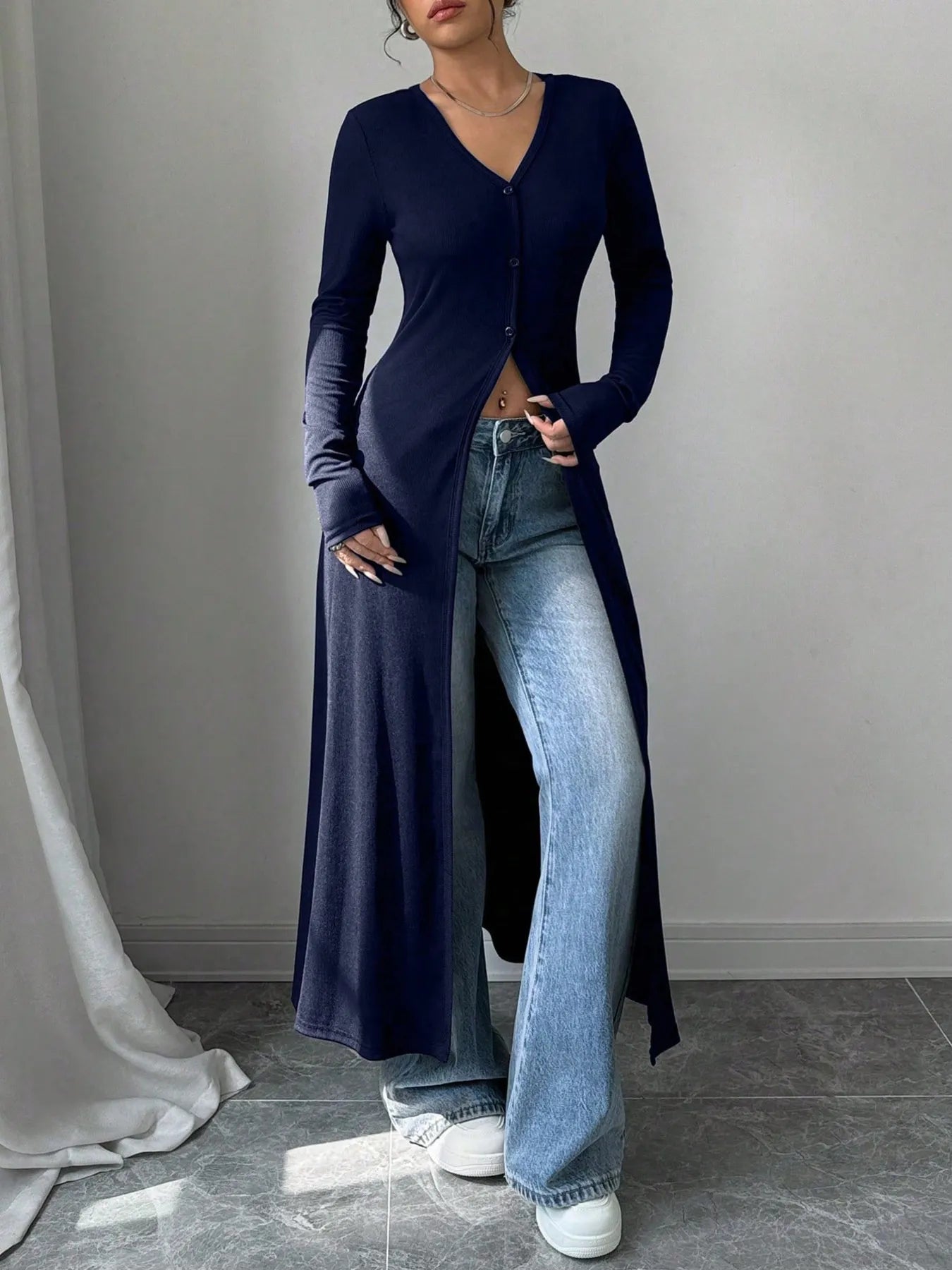 Open Front Oversized V-Neck Cardigan - EasyApparels