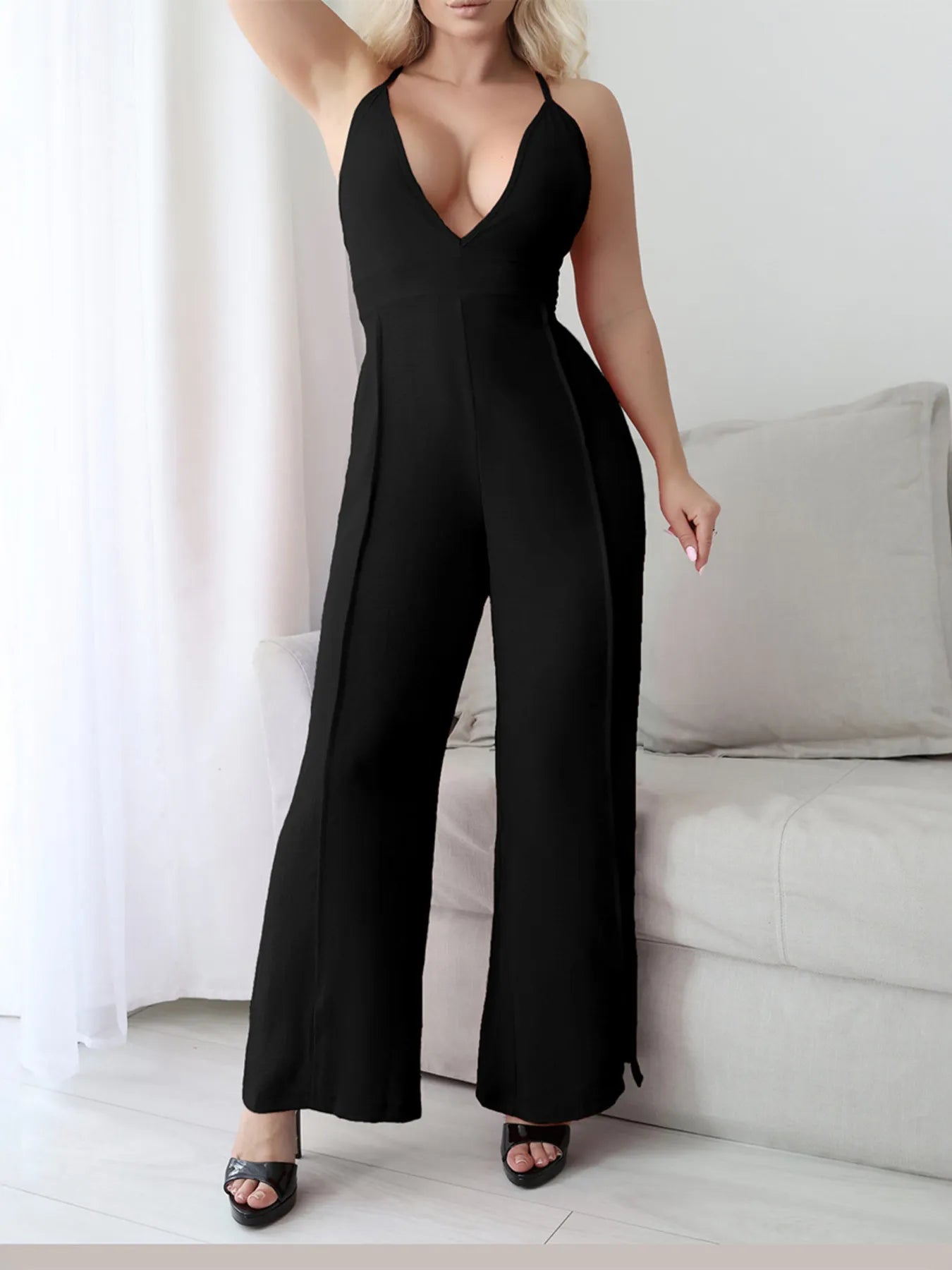 Flowy V Neck Loose Fit Jumpsuit