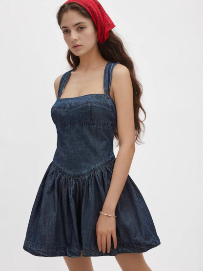 Ruffled Crossback Blue Jeans Mini Dress