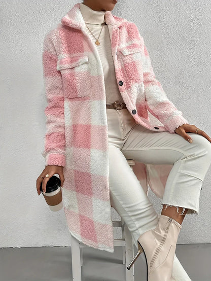 Plush Checked Ladies Coat Soft Oversized Fit