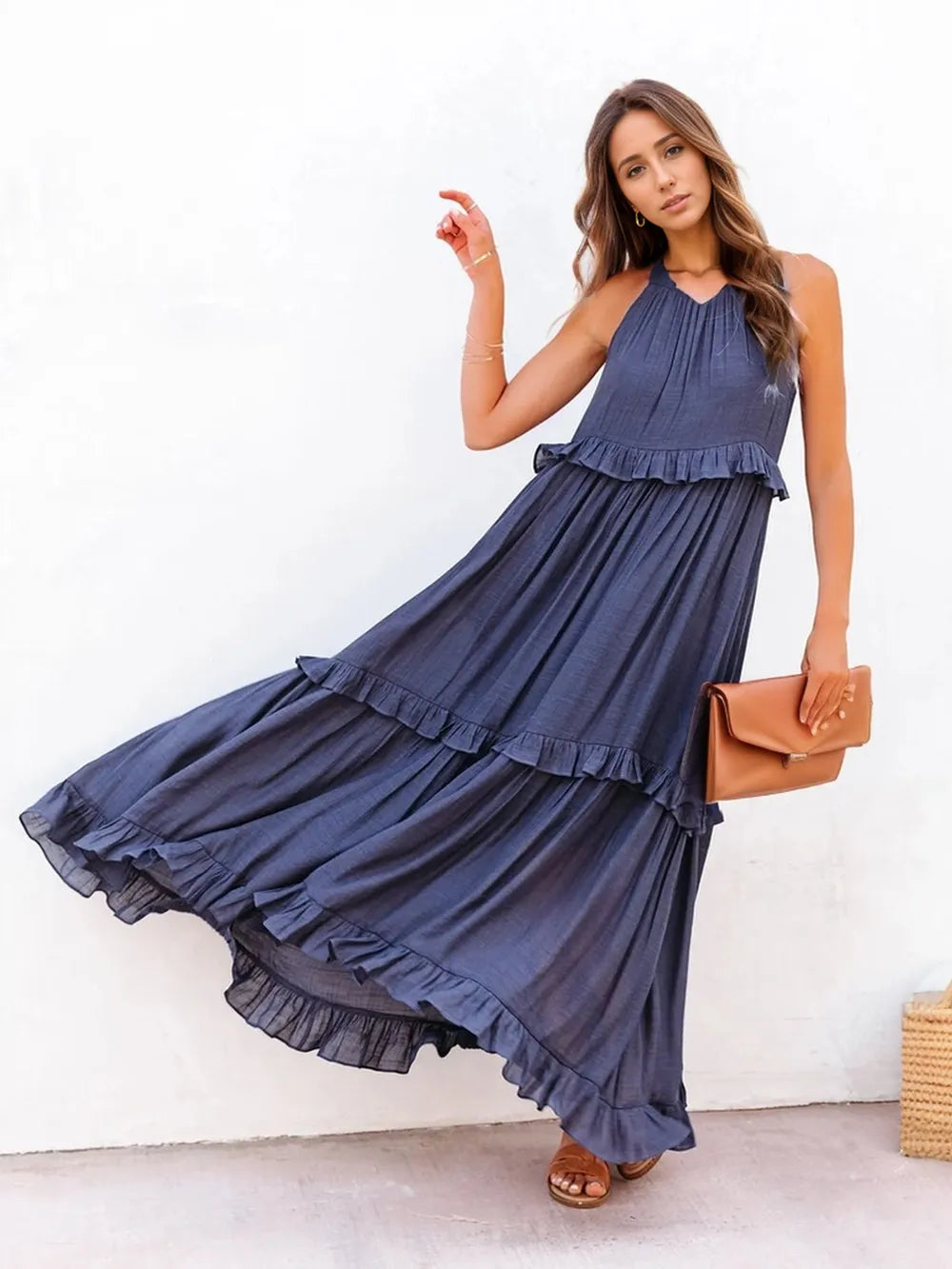Flowy Strapless Layered Maxi Dress with Pockets
