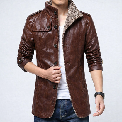 Men's Fitted Leather Coat with Button FrontClosure