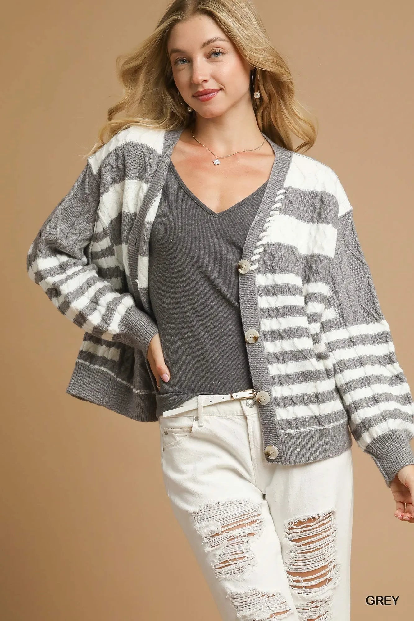 Cozy Knit Striped Button Front Sweater - EasyApparels