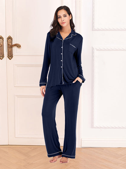 Comfy Crew Neck Pajama Set with Pockets - EasyApparels