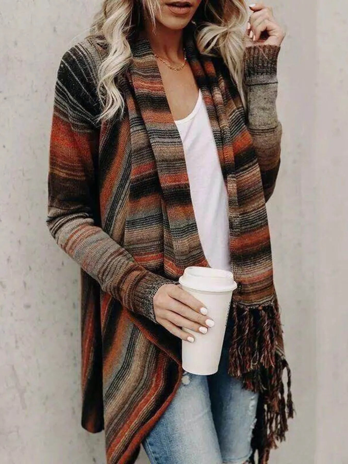 Tassel Open Front Long Cardigan Sweater