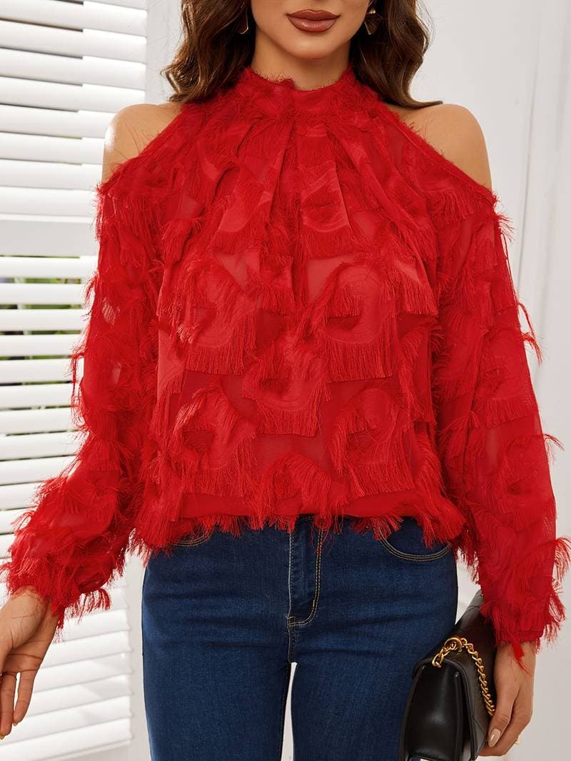 Women's Cold Shoulder Blouse with Flowy Sleeves